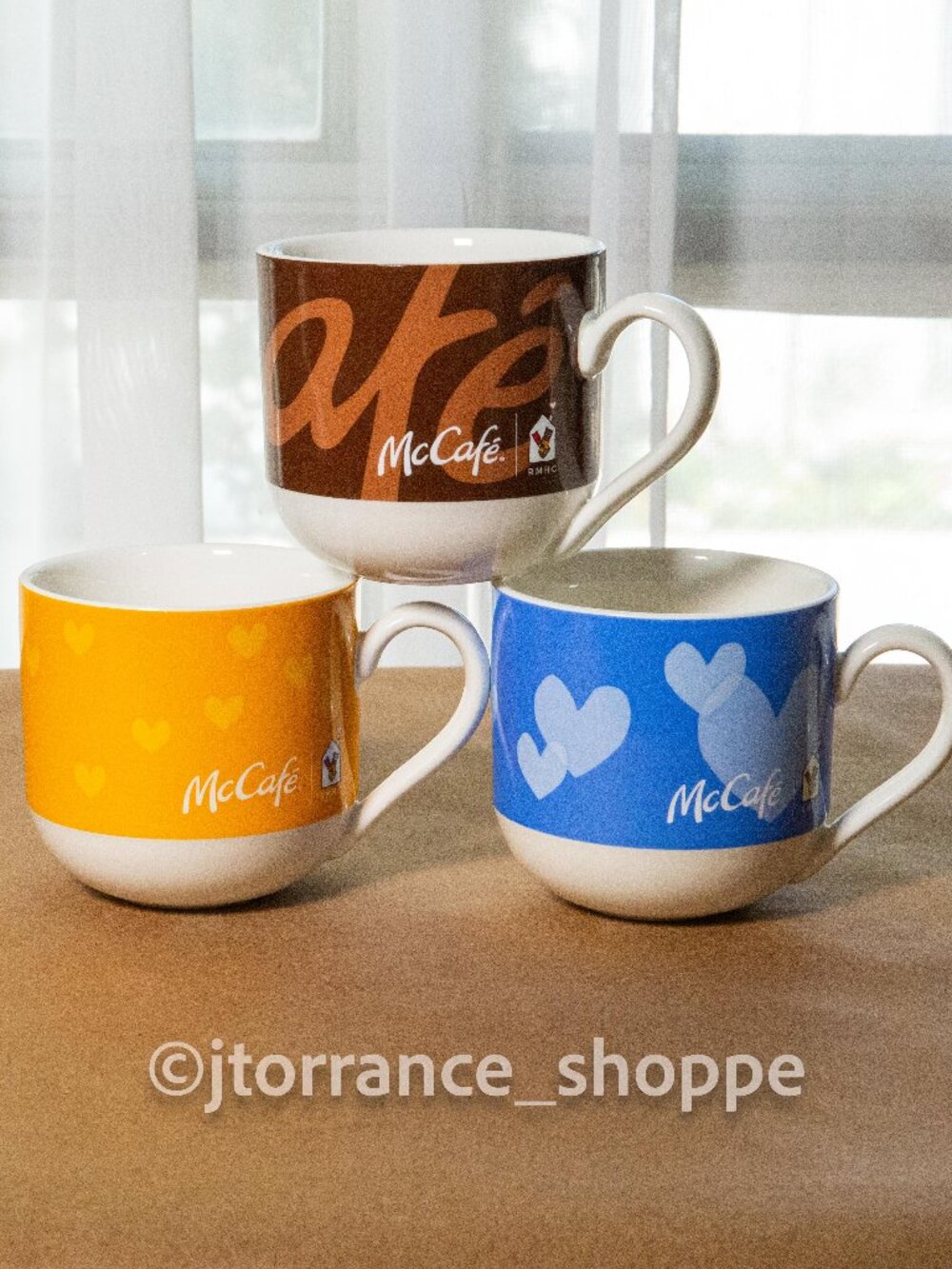 NEW - McDonald's McCafe BLUE GOLD BROWN Wide Coffee Tea Mug Cup With Hearts Logo